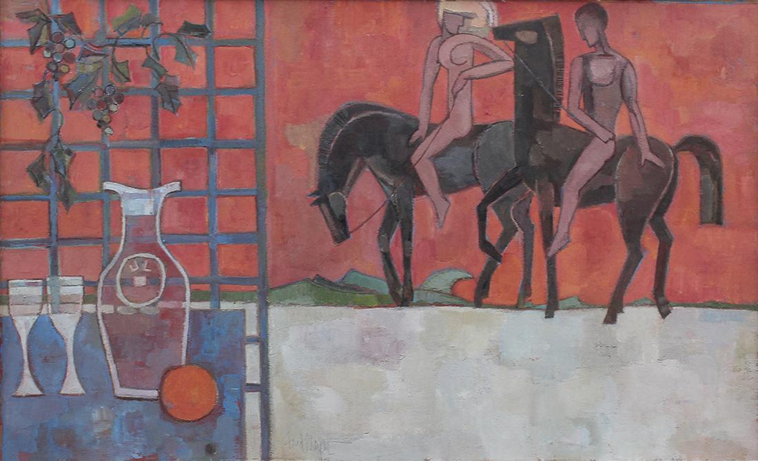 FRED MEYER MODERNIST PAINTING ''SPEZIA SUNDOWN'': MEYER, Fred, (American, 1922-): ''Spezia Sundown'', Gouache, sight size 12.5'' x 20.75'', signed lower mid margin, titled verso, framed, 18.25'' x 26.5'', Midtown Galleries label verso.