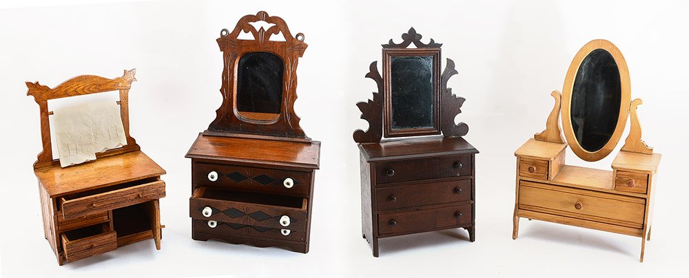 4 SALESMAN SAMPLE / CHILD'S VANITIES: 4 SALESMAN SAMPLE / CHILD'S VANITIES: An assembled collection of 3 salesman sample / child's vanities and a dry sink with towel rack. Tallest Victorian example measures 20 1/4'' h. x 10 1/4'' x 5 1/2'