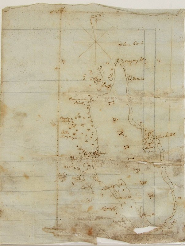 1840'S SLAVE TRADE MAP OF ZANZIBAR: 1840'S SLAVE TRADE MAP OF ZANZIBAR: Early to mid 19th century hand drawn sea captains map of the island of Zanzibar showing routes, depths, and ports. Measures 10 1/2" x 8 1/2".