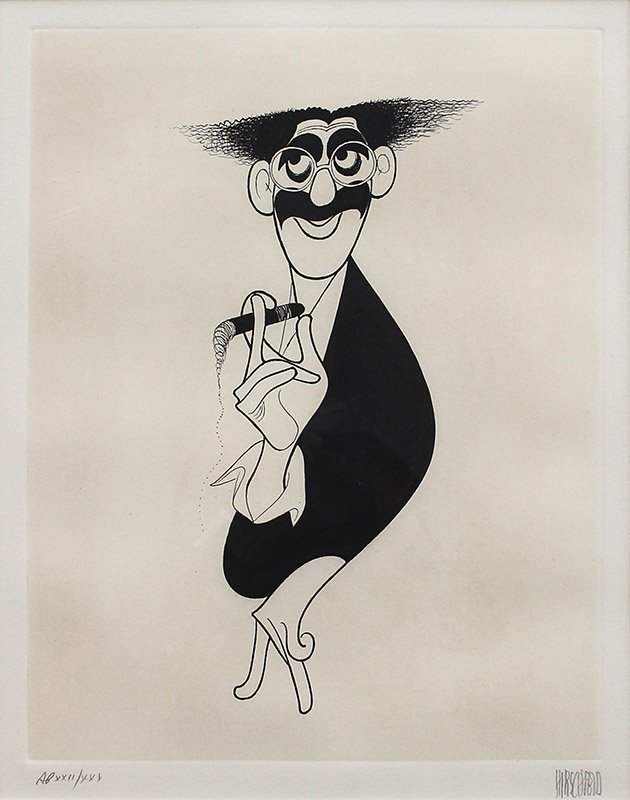 AL HIRSCHFELD ARTIST PROOF ETCHING OF GROUCHO MARX: HIRSCHFELD, Al, (American, 1903-2003) Groucho Marx Artist Proof Etching, Sight size with margins 14" X 10.75", pencil signed lower right, numbered A.P. XXII/XXX, impression size 12.75" X 9.75", custom