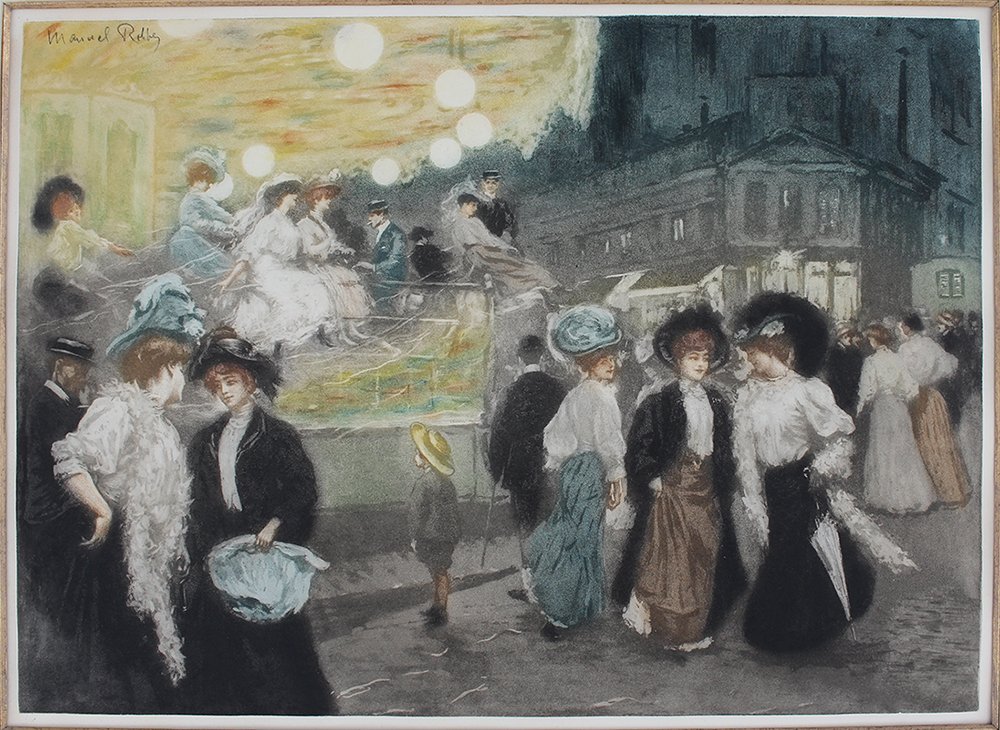 MANUEL ROBBE AQUATINT THE CAROUSEL: ROBBE, Manuel, (French, 1832-1926): "Le Manege", (The Carousel), Color Aquatint, Sight size 17.25" x 23.75", pencil signed upper left, fine contemporary frame 33" x 38.5", no glass.
