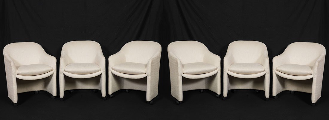 6 UPHOLSTERED THAYER COGGIN CHAIRS: 6 UPHOLSTERED THAYER COGGIN CHAIRS: Fully upholstered in patterned white upholstery, shaped back, on 4 castors, Thayer Coggin label on seat. Overall 31 1/4" h. x 24 1/2" x 23 1/2".