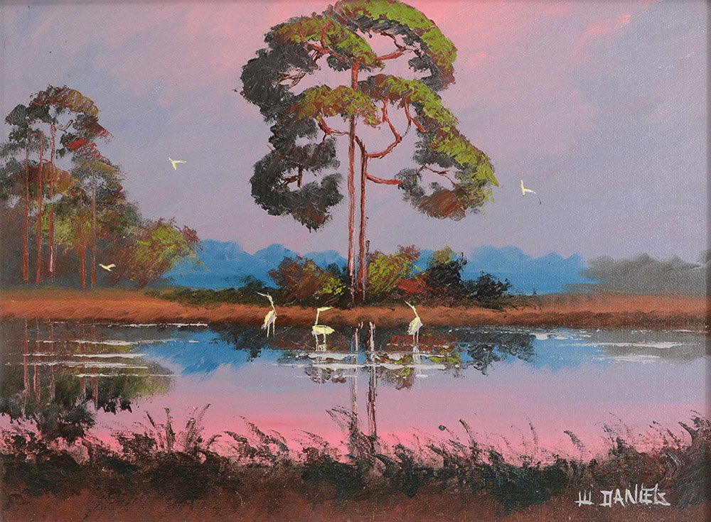 WILLIE DANIEL FLORIDA HIGHWAYMEN PAINTING: DANIELS, Willie, (American, 20th Century): Florida Highwaymen sunrise backwaters scene with stand of trees and birds, signed lower right, 12" x 16", framed 15 1/2" x 19 1/2".