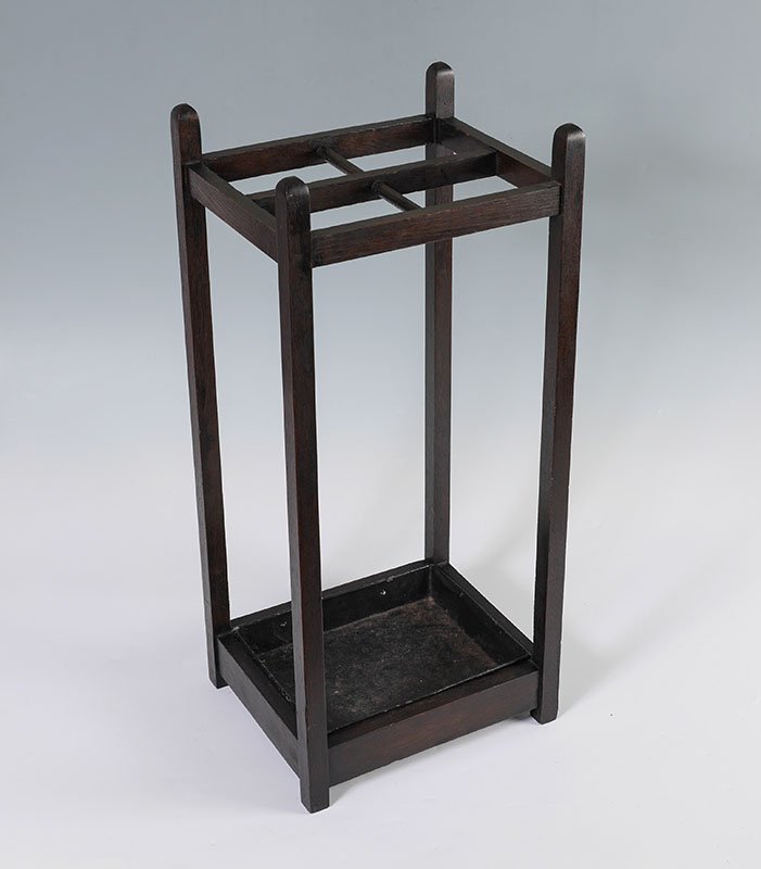 ARTS & CRAFTS UMBRELLA STAND: ARTS & CRAFTS UMBRELLA STAND: Top divided into 4 sections, lower copper drip tray, no visible mark or label, 27" h. x 12" x 10 1/4".