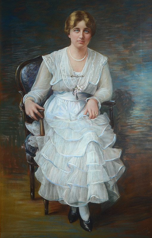 LARGE PASTEL PORTRAIT OF A YOUNG BEAUTY IN WHITE: LARGE PASTEL PORTRAIT OF A YOUNG BEAUTY IN WHITE: Signed Phillips lower right and dated 1920, sight size 39.5 x 25, newer frame 45.5 x 31.