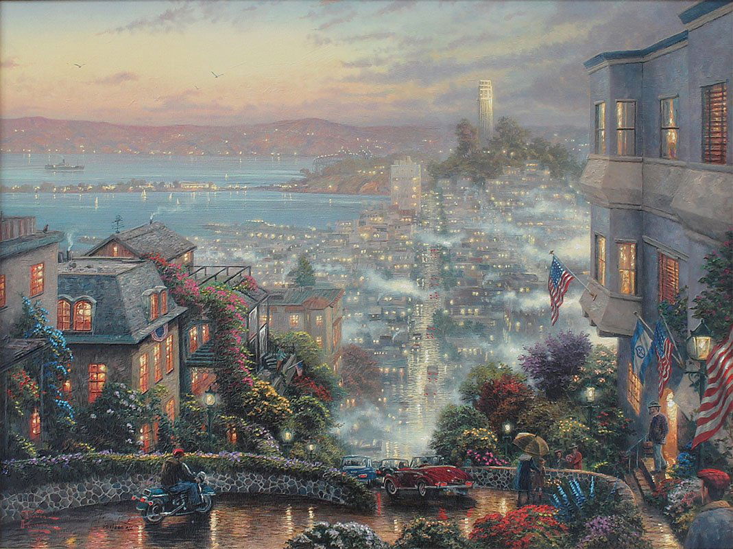 THOMAS KINKADE GICLEE LOMBARD ST. SAN FRANSCISO: KINKADE, Thomas, (American, 1958-2012): "San Francisco, Lombard St.", Giclee/Canvas, 18"x 24", signed lower left, 251/280 R/E, vignette stencil on canvas verso, framed, 27.5" x 33.5", Kinkade Studio s