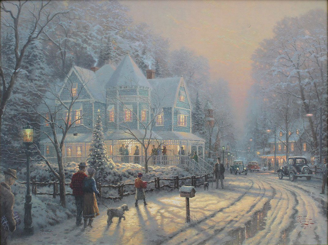 THOMAS KINKADE GICLEE "HOLIDAY GATHERING": KINKADE, Thomas, (American, 1958-2012): "Holiday Gathering", Giclee/Canvas, 25.5" x 34", signed lower left, 346/1250 publishers proof, Lightpost Publishing Tag affixed verso, DNA Technologies Authenti