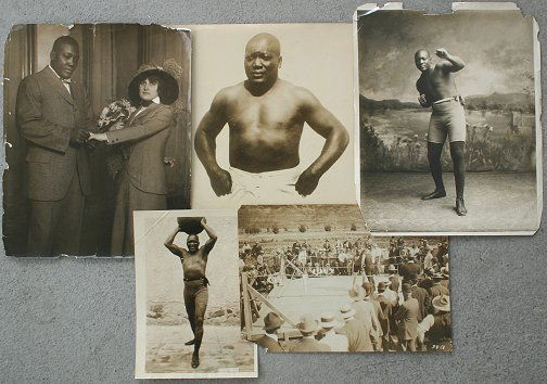 VINTAGE API / PRESS PHOTOS OF BOXER JACK JOHNSON: VINTAGE API/PRESS PHOTOS OF BOXER JACK JOHNSON: To include a photo with his second white wife Lucille Cameron, Johnson sparring with Al Kaufmann in preparation for his historic July fight with white c