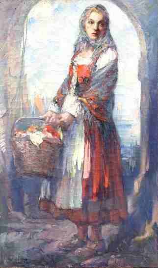 RARE ERIC PAPE PAINTING APPLE GIRL: PAPE, Eric, (American, 1870-1938): Apple Girl, O/C, 30'' x 18'', signed, period frame, 34'' x 22''. Craquelure throughout.