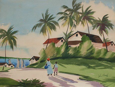 JOHN WARD PAINTING BAHAMAS? TROPICAL: WARD, John, (American, 20th C.): Bahamian? Tropical Scene with Figures, W/C, 18" x 24" sight size, worn bamboo style frame, 27 1/2" x 33 1/2", signed and dated '47.