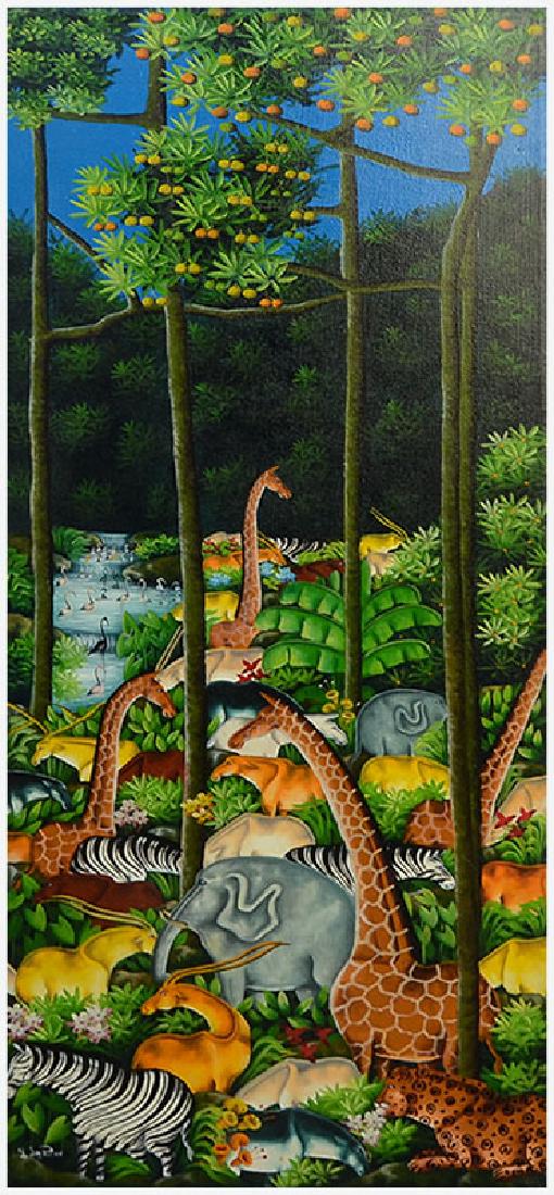 YVON JEAN PIERRE HAITIAN PAINTING: JEAN-PIERRE, Yvon, (Haitian, 20th C.): Haitian Jungle Scene with an assortment of Wild Animals Including a Giraffe, Zebra, Gazelle, Flamingos etc., Oil/Canvas, 48" x 18", signed lower left, unframed.