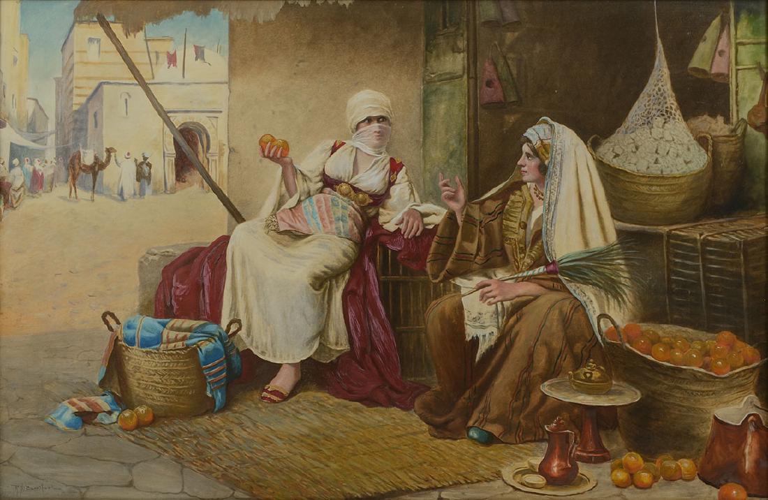 R.H. BURFOOT ORIENTALIST PAINTING: BURFOOT, R.H., (American, 1866-1939): Orientalist Scene Depicting Two Young Females in an Interior, Gouache, sight size 19'' x 28.5'', signed lower left, carved frame 24'' x 33.5''. Richard Burfoot is