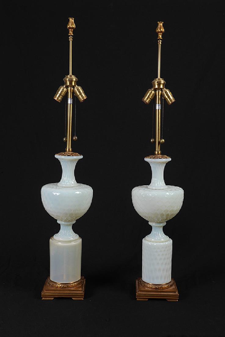 PAIR MARBRO ITALIAN MURANO GLASS LAMPS: PAIR MARBRO ITALIAN MURANO GLASS LAMPS: Attributed Barovier & Toso for Marbro Lamp Co., opaline embossed glass bodies, one having a different and replaced opaline and aventurine lower glass portion. D