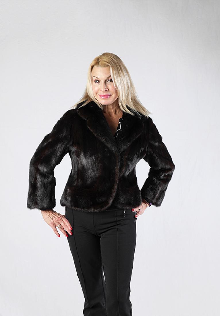 DARK RANCH MINK JACKET WITH SHAWL COLLAR: DARK RANCH MINK JACKET WITH SHAWL COLLAR: Jacket has hook and eye closures and is in beautiful condition; the lining is in great shape as well. Professionally stored and cleaned; sold with mesh dust c