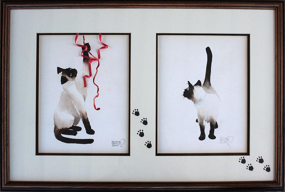 TWO FRAMED SIAMESE CAT PAINTINGS BY WILLIAM BRUCE: WALKER, William, (American, 1861-1911): Siamese Cat Paintings, Each watercolor painting measures 11" x 8", signed, incased in custom cat motif frame, 18.5" x 25.5". William Bruce is known for his port