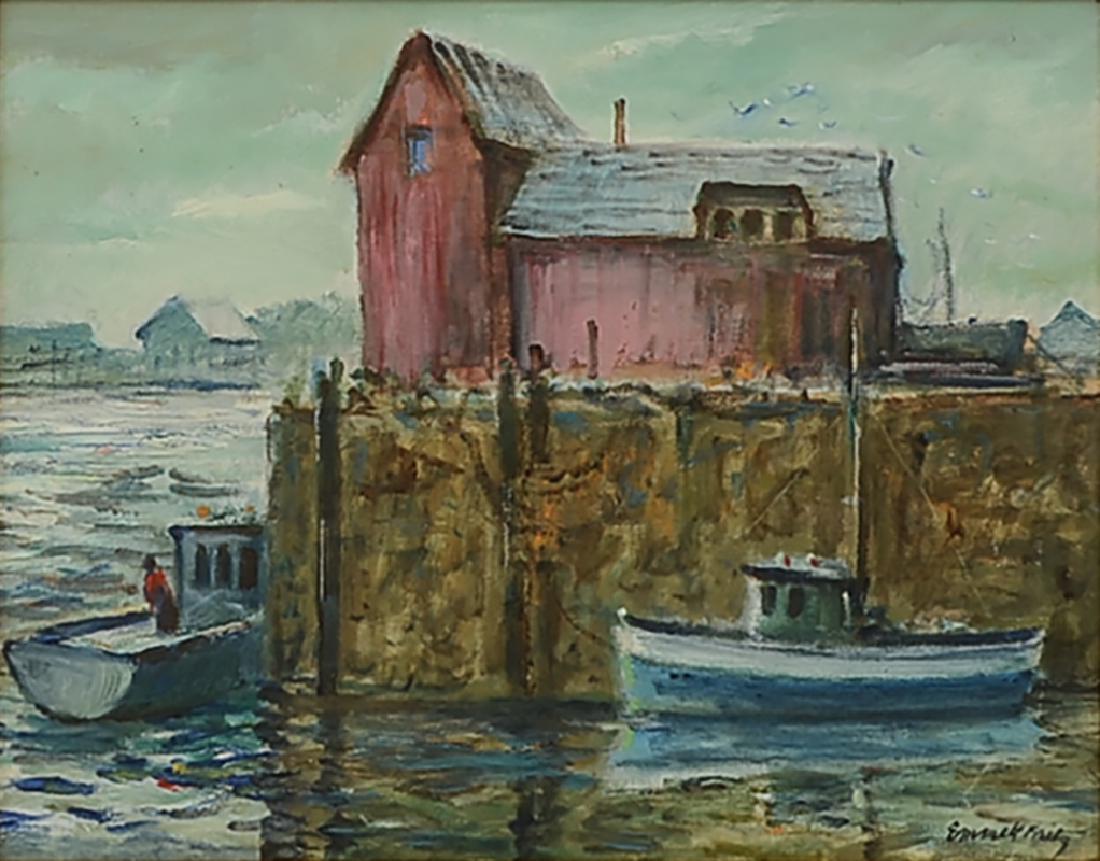EMMIT FRITZ MOTIF #1 ROCK PORT PAINTING: FRITZ, Emmet, (American, 1917-1995): Motif #1 Rockport Scene, Oil/Canvasboard, 11" x 14", signed lower right, framed, 13.5" x 16.5". Emmet Fritz's work are in many museums and private collections. He 