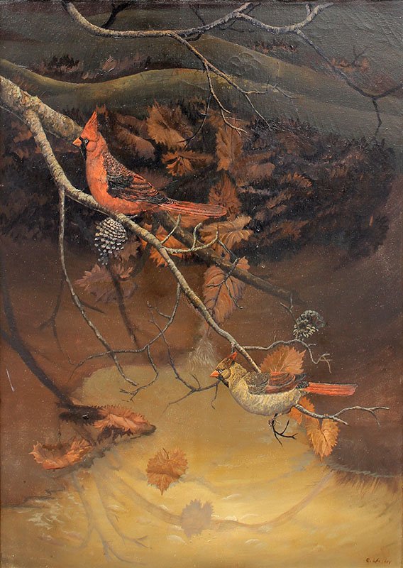 CHARLES WALKER FLORIDA HIGHWAYMEN CARDINALS: WALKER, Charles, (American, 20th Century): Florida Highwaymen male and female cardinals in a pine tree, Oil/Canvas, signed lower right, 30" x 24", framed 35" x 28 1/2". Walker prefers to paint more re