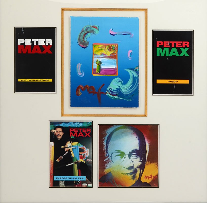 PETER MAX MIXED MEDIA COLLAGE: MAX, Peter, (American, 1937-): Sage and Profile Collage, Mixed Media with Acrylic, image size 11.25" x 8.5", signed lower left, custom frame in matting, 30" x 30".