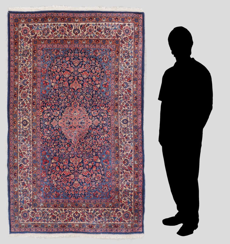 SEMI-ANTIQUE HK PERSIAN BIJAR WOOL RUG 4'3" X 6'4": SEMI-ANTIQUE PERSIAN BIJAR HAND KNOTTED WOOL RUG, 4'3" x 6'4": This Bijar has a salmon colored central medallion in a darker blue ground that has paler blue corners. The field is covered with vine lin