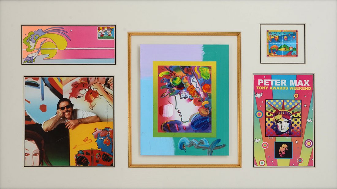 PETER MAX MIXED MEDIA COLLAGE: MAX, Peter, (American, 1937-): Blushing Beauty on Blends, Mixed Media with Acrylic Painting on Paper, image size 10" x 8", signed lower right, framed, 20.75" x 34.5".