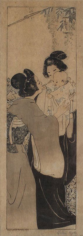 HELEN HYDE WOODCUT "A MONARCH OF JAPAN" 1901: HYDE, Helen, (American, 1868-1919): "A Monarch of Japan", Color Woodcut, sight size with margins 19.5" x 6.25", pencil signed lower right, copyright 1901 lower left, framed 23" x 11". Helen Hyde is we