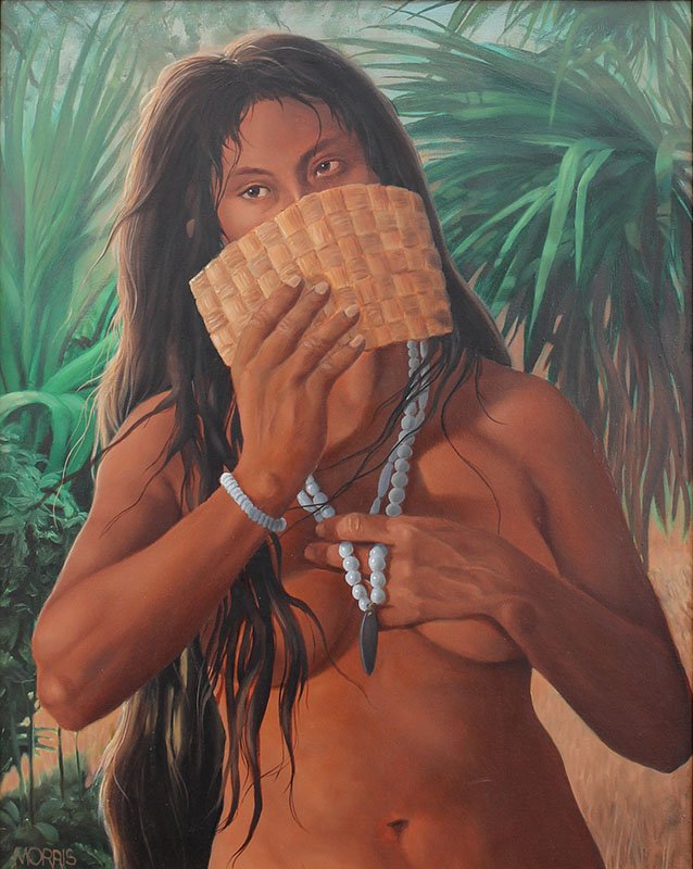 THEODORE MORRIS INDIAN GIRL WITH VEIL PAINTING: MORRIS, Theodore, (American, 20th C): "AIS Girl with Veil", Oil/Canvas, 30" x 24", signed lower left, titled verso and dated 1995, framed, 36" x 30", illustrated in Florida's Lost Tribes. Theodore Mor