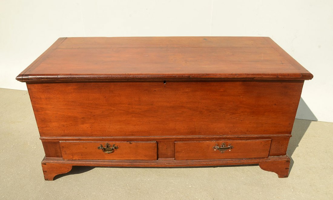 18TH CENTURY BLANKET CHEST: 18TH CENTURY BLANKET CHEST: Peg and dovetail construction, interior with single box, replacement hinges, 2 drawer base, overall 26" h. x 53 1/2" x 22 1/4".