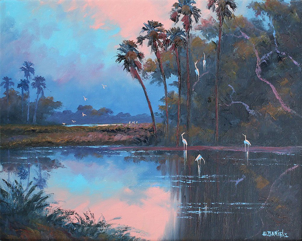 WILLIE DANIELS FLORIDA HIGHWAYMEN PAINTING: DANIELS, Willie, (American, 20th Century): Florida Highwaymen sunrise backwater scene with pink sky and birds, Oil/Canvas, 16" x 20", framed 21 1/2" x 25 1/2".