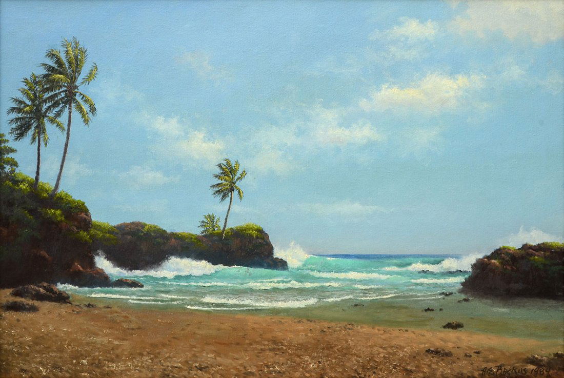 A.E. "BEANIE" BACKUS BEACH PAINTING: BACKUS, A.E., (American, 1906-1990): Secluded Jamaican Beach Scene, Oil/Canvas, 24" x 36", signed lower right and dated `84, framed, 29" x 41". A.E. Backus was famous for his Florida Landscapes.