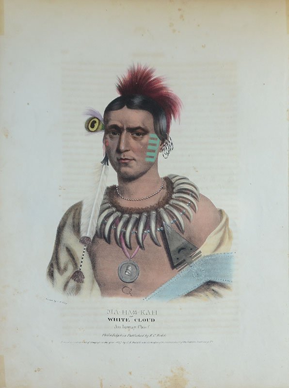 10 AMERICAN INDIAN PRINTS: 10 AMERICAN INDIAN PRINTS LARGE FOLIO FROM MCKENNEY AND HALL: 20.5" x 14", 1) Mah-Has-Kah Ioway Chief; 2) Shau-Hau-Napo-Tinia Ioway Chief; 3) Moa-Na-Hon-Ga Ioway Chief; 4) War Dance of the Sauks and F