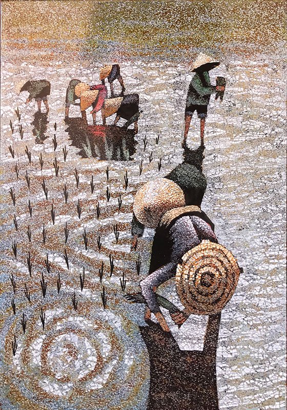 EGGSHELL LACQUERWARE VIETNAMESE RICE PADDY SCENE: EGGSHELL LACQUERWARE VIETNAMESE RICE PADDY SCENE: Minh Phuong Gallery stencil verso, 19.75" x 13.75", unframed.