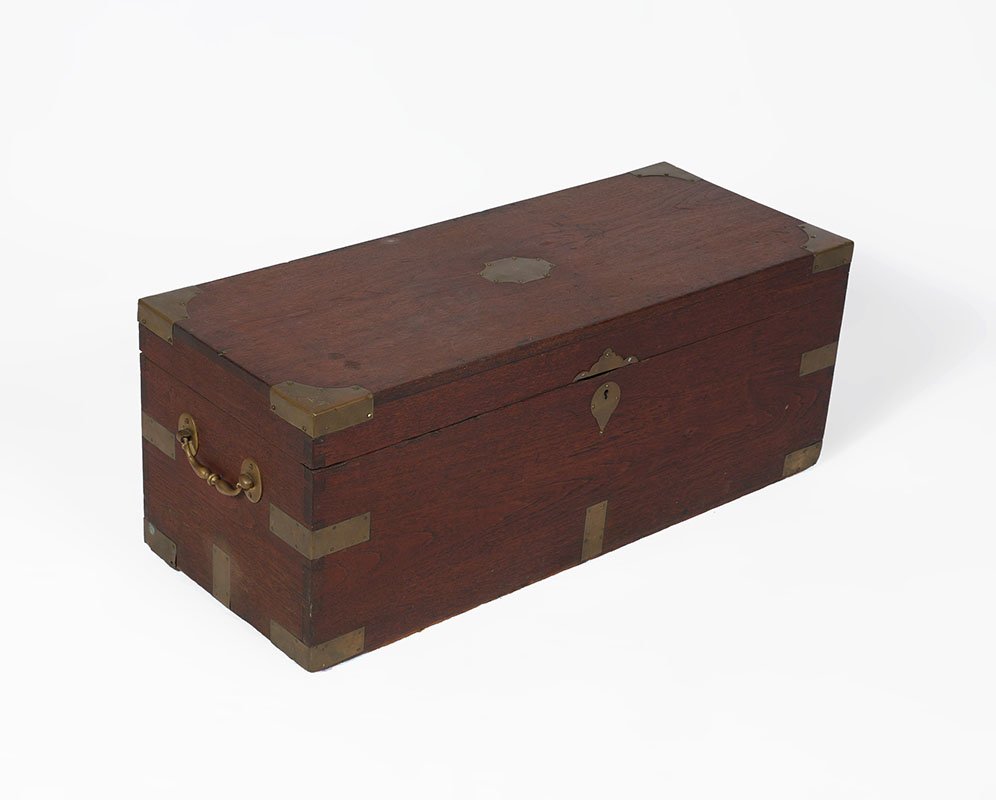 19TH CENTURY CAMPHOR WOOD SEA CAPTAINS CHEST: CAMPHOR WOOD SEA CAPTAINS CHEST: Mid to late 19th century campaign style chest, typically referred to as sea captain's chests, brass mounts, handles, and escutcheon. Hinged lid, overall measures 13" h