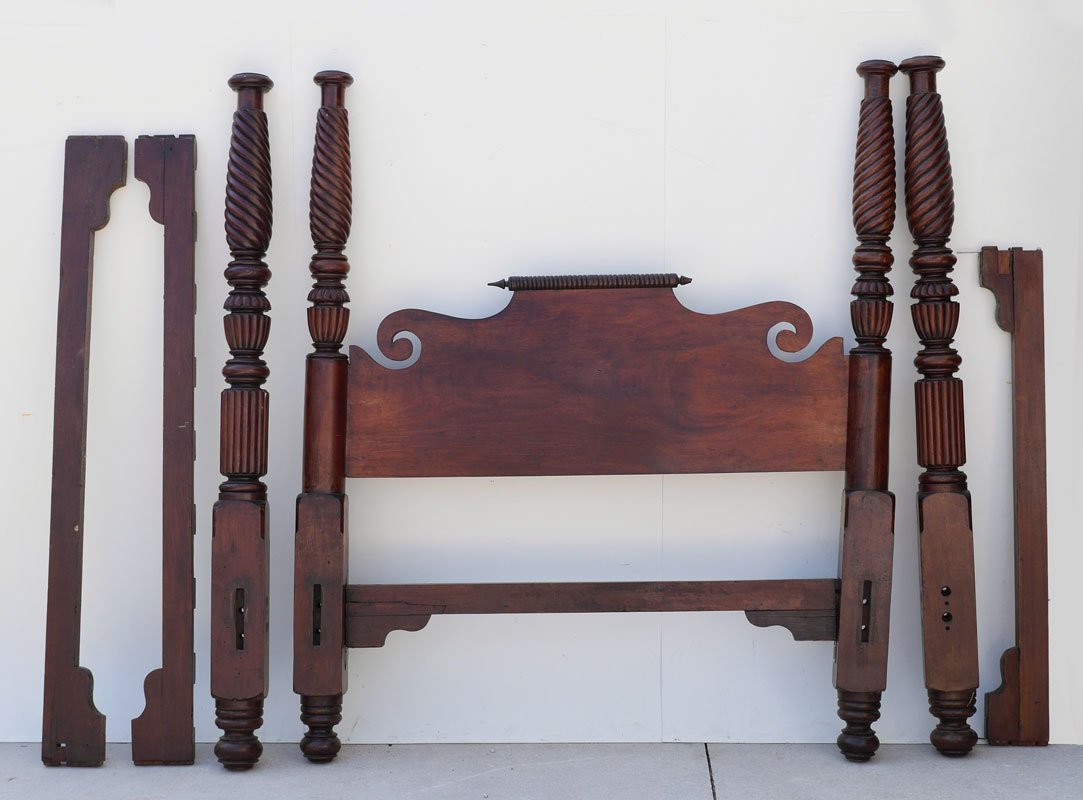 MAHOGANY 4 POSTER PLANTATION BED: MAHOGANY 4 POSTER PLANTATION BED: Circa mid 19th century, carved and turned posts with partial barley twist, shaped head board. Most likely a tester bed missing the top. Each post 79 1/2" h. x headboa