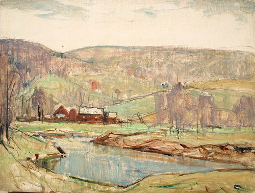 CHARLES CURTIS ALLEN NEW ENGLAND PAINTING: ALLEN, Charles Curtis, (American, 1886-1950): New England Landscape, O/CB, 12'' x 16'', unframed, from the artist's estate.