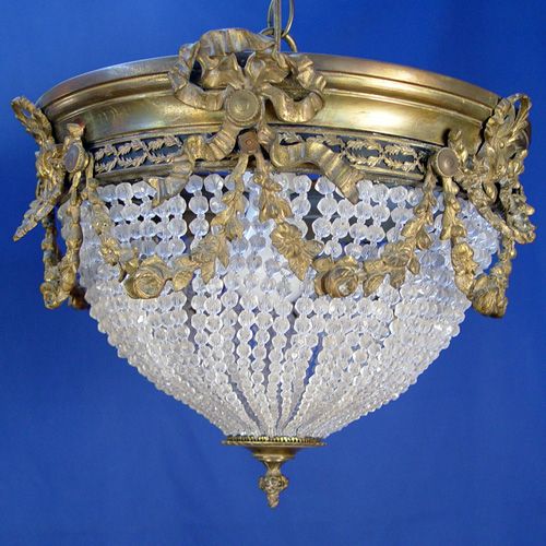 VINTAGE FRENCH BEADED BASKET CHANDELIER: VINTAGE FRENCH BEADED BASKET CHANDELIER: Rows of faceted beads form a basket effect, frame has intricate swags of laurel leaves. 11"l. 13" dia. at the rim.