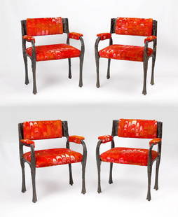 4 PAUL EVANS SCULPTED METAL ARM CHAIRS: 4 PAUL EVANS SCULPTED METAL ARM CHAIRS: 4 mixed metal chairs from Paul Evans, model PE 105, in the Brutalist style with vibrant pattern upholstery, measures 32 1/2'' x 26 3/4'' x 24 1/2''. Original ow