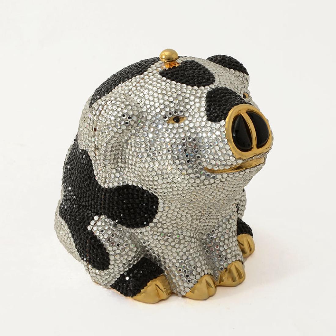 JUDITH LEIBER PIEBALD PIG MINAUDIERE EVENING BAG: JUDITH LEIBER PIEBALD PIG MINAUDIERE EVENING BAG: So very cute and quirky, this pig minaudiere is a great way to add a touch to your look, and also makes the perfect collectors piece. This minaudiere