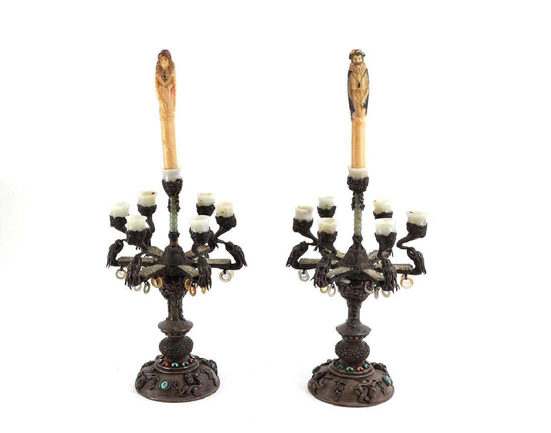 PAIR CHINESE JADE? AND DRAGON CANDLESTICKS: PAIR CHINESE JADE AND DRAGON CANDLESTICKS: Silvered metal bodies, single center alabaster bobeche supported by jade or similar stone column. Each of the 6 arms with figural dragon heads, inset jade or
