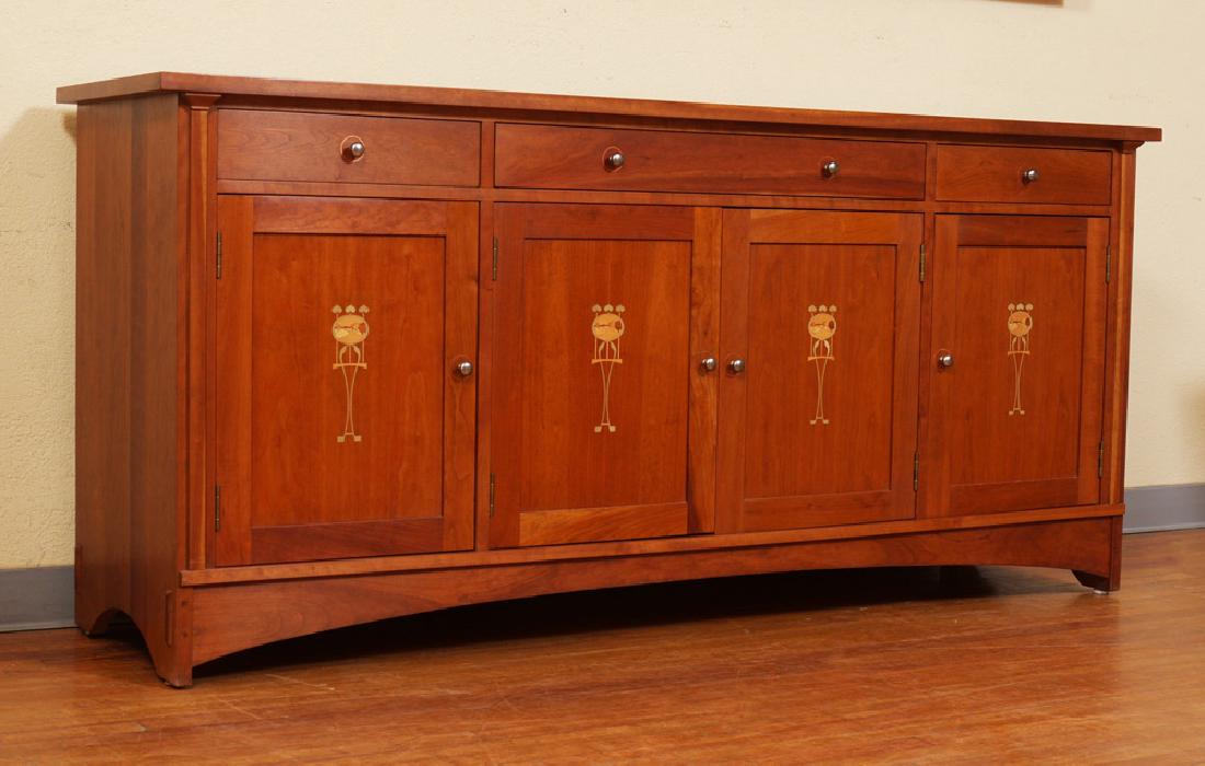 CONTEMPORARY STICKLEY MARQUETRY INLAID CREDENZA: CONTEMPORARY STICKLEY MARQUETRY INLAID CREDENZA: After a Harvey Ellis design, 3 drawers over 4 doors with art nouveau motif marquetry inlay. Stickley tag and mark inside drawer. Overall measures 34 1/