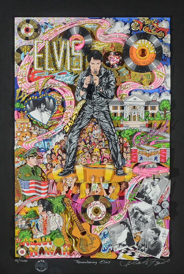 CHARLES FAZZINO REMEMBERING ELVIS 3-D LITHOGRAPH: FAZZINO, Charles, (American, 1955-): "Remembering Elvis 3-D Lithograph", 23" 14.5", signed lower right, titled lowered mid margin, 46/100 P.R. lower left, Elvis vignette in marker verso, signed by Faz