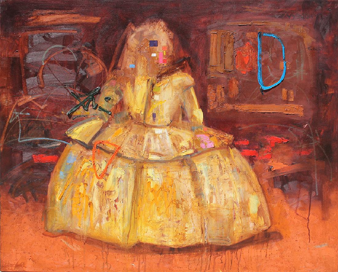 LARGE GUILLERMO PORTIELES ABSTRACT PAINTING: PORTIELES, Guillermo, (Cuban, 1963-): Abstract Composition with Woman in Dress, Oil/Canvas, 48'' x 60'', signed upper left, unframed, very heavy impasto in some places, purchased directly from artist.
