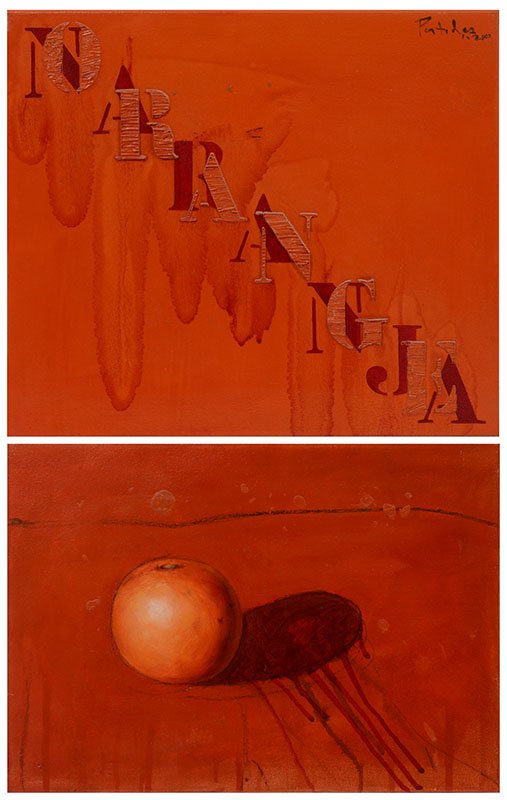 GUILLERMO PORTIELES 2 PC ORANGE PAINTING: PORTIELES, Guillermo, (Cuban, 1963-): ''Orange'', (Naranja), 2 Oil/Canvas with Collage, 12'' x 14'', 10'' x 14'', both unframed, one is signed, and titled verso.
