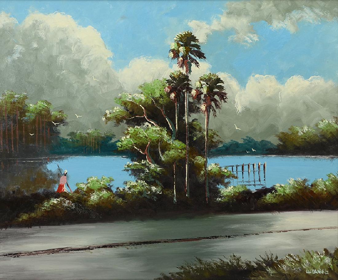 WILLIE DANIELS FLORIDA HIGHWAYMEN PAINTING: DANIELS, Willie, (American, 20th Century): Florida Highwaymen river road scene with African-American woman walking, stand of trees, stormy clouds and birds, Oil/Canvas, signed lower right, 24'' h. x 3