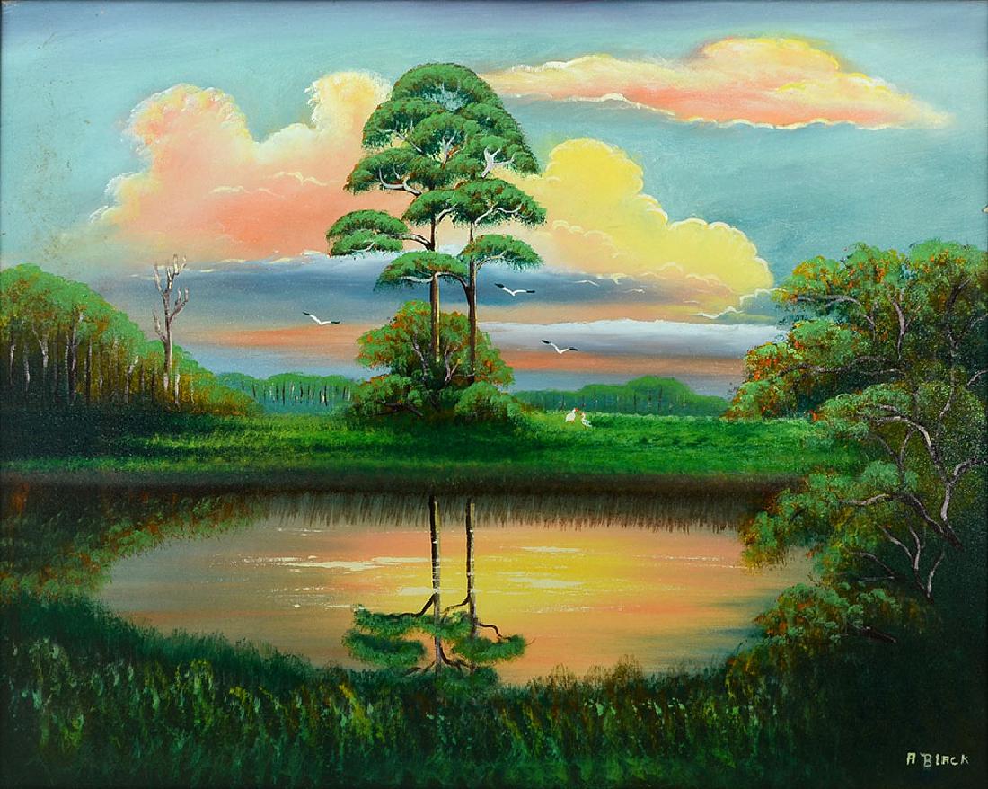 AL BLACK FLORIDA HIGHWAYMEN PAINTING: BLACK, Al, (American, 20th Century): Florida Highwaymen Backwaters sunset with pink clouds, cypress trees and birds in flight, Oil/Canvas, signed lower right, 24'' x 29 3/4'', framed 29 3/4'' x 35 3/4