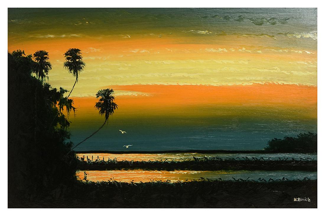 VIBRANT WILLIE DANIELS FLORIDA HIGHWAYMEN PAINTING: DANIELS, Willie, (American, 20th Century): Stunningly vibrant Florida Highwaymen sunset over the Indian River scene, Oil/Upson, signed lower right, 24'' x 36'', framed 30 3/4'' x 42 1/4''.