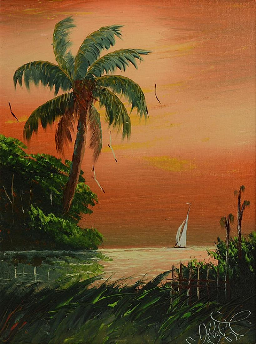 ISAAC KNIGHT FLORIDA HIGHWAYMEN PAINTING: KNIGHT, Isaac, (American, 20th Century): Florida Highwaymen sunset over the Indian River with a sailboat and birds, Oil/Board, 16'' x 12'', signed lower right, framed 18 1/4'' x 15 1/4''.