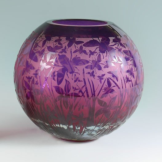 LARGE DUNCAN MCCLELLAN AMETHYST INSECT VASE: LARGE DUNCAN MCCLELLAN AMETHYST INSECT VASE: Amethyst body acid etched and polished with figural flies and water lilies, lower quarter of vase with unusual finish we have never seen before on a McClel
