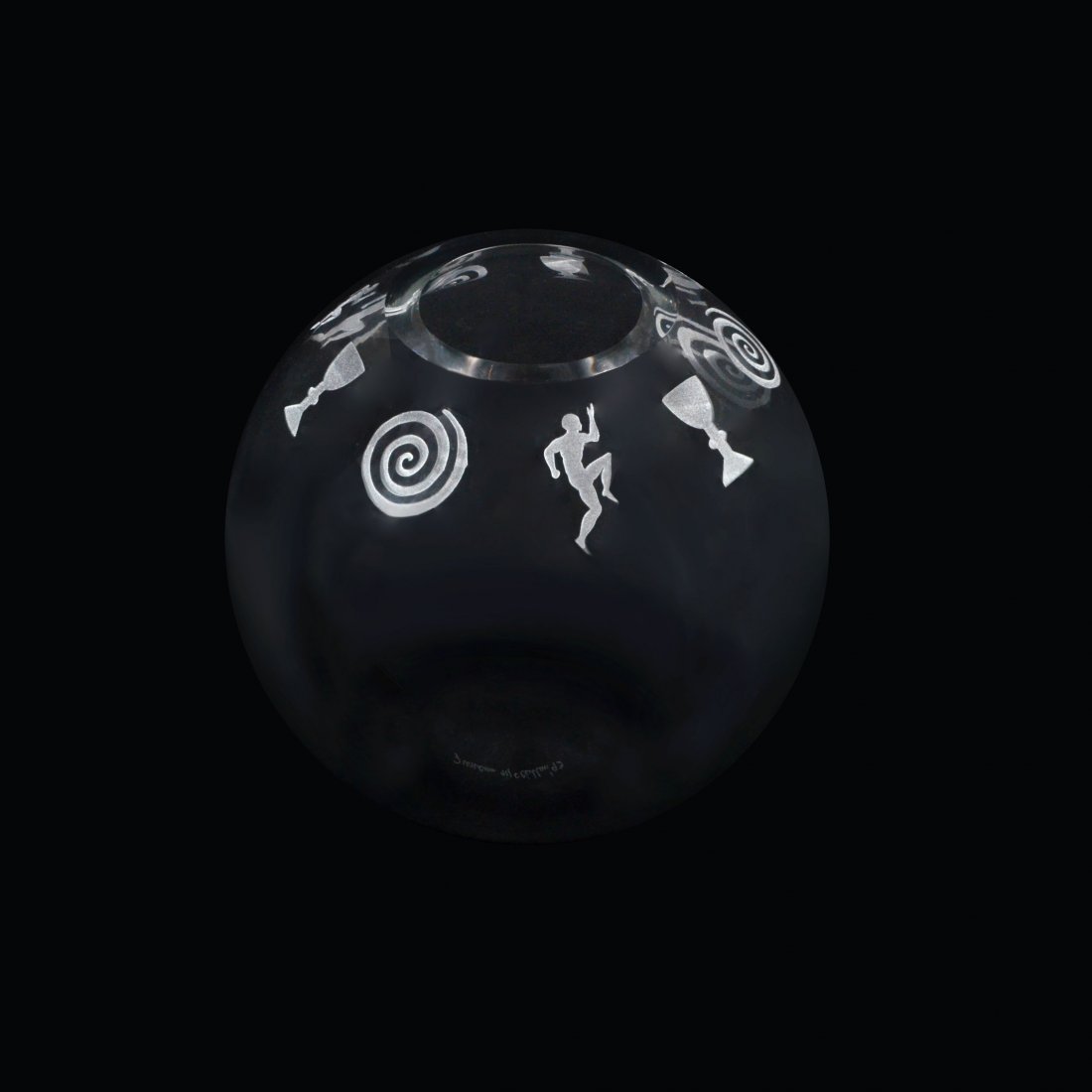 DUNCAN MCCLELLAN CLEAR ART GLASS VASE: DUNCAN MCCLELLAN CLEAR ART GLASS VASE: Clear glass body with acid etched repeating pattern of running man, hourglass, and swirl around rim. Signed Duncan McClellan and dated '93 on base, 8 3/4'' h. x