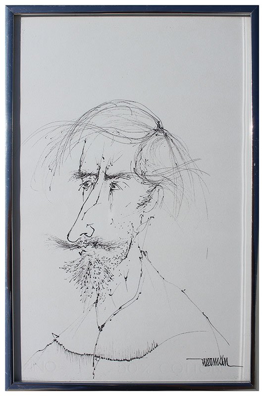 LEONARDO NIERMAN SELF PORTRAIT DRAWING: NIERMAN, Leonardo, (Mexican, 1932-): Self-Portrait 3, Ink/Paper, 12.5" x 8.5", signed lower right, framed, 13.25" x 9.25". Leonardo Nierman was known for his Abstract works of art.