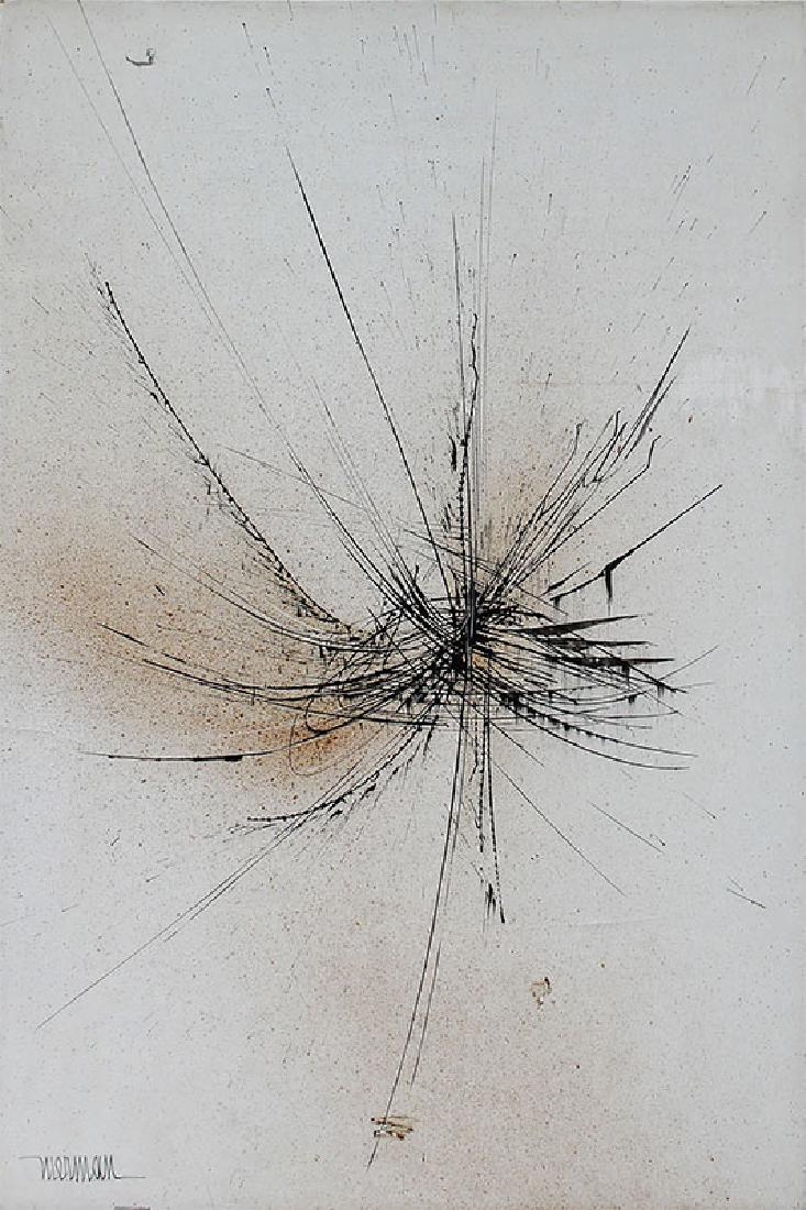 LEONARDO NIERMAN ABSTRACT PAINTING: NIERMAN, Leonardo, (Mexican, 1932-): Abstract Composition with Black and White, Oil/Canvas, 23.5'' x 16'', signed lower left, custom frame, 29.5'' x 22''. Leonardo Nierman was known for his vividly co